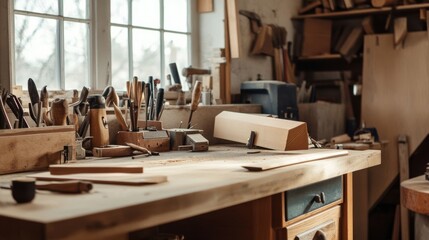 A well-organized woodworking bench with tools and wood neatly arranged, A rustic workshop with natural light and wooden textures, Minimalist craftsmanship style