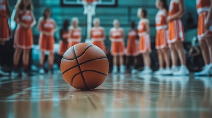 Vibrant Basketball on Court with Team in Background Preparing for Game in High School Gymnasium Setting Capturing Energy and Team Spirit in Action