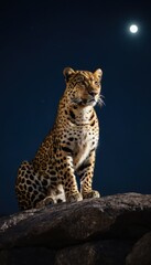 Fototapeta premium Leopard sitting proudly on a rock under the starry night, its sleek silhouette and expressive gaze reflecting the untamed beauty of the wild