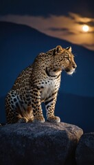 Naklejka premium Leopard sitting proudly on a rock under the starry night, its sleek silhouette and expressive gaze reflecting the untamed beauty of the wild