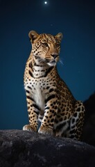 Fototapeta premium A majestic leopard gazes confidently into the distance, illuminated by the soft glow of the moon, creating a captivating nocturnal portrait