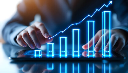Business Growth Projection, 2025 Bar Graph on Tablet, Upward Trending Graph on Digital Tablet