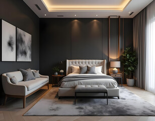 Bedroom and lounge, subtle designs and colors of interior no noise , Gray,red black and orange color designs for mockup 