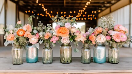 Rustic wedding centerpieces with peach and coral flowers in vintage jars.