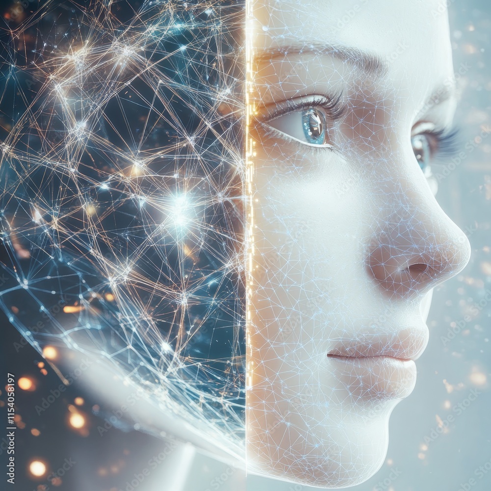 Poster exploration of artificial intelligence and human connection through a digital face with intricate ne