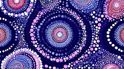 Abstract swirling dot painting in pink, purple, and white on a dark blue background.