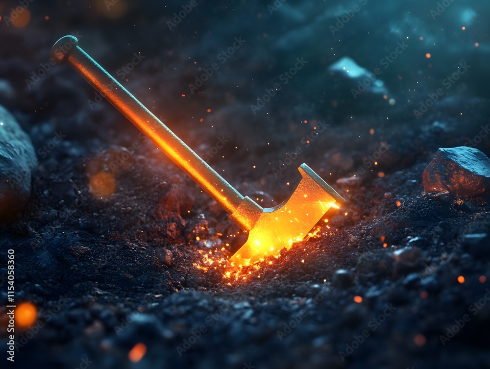 Fototapete An Enchanting Image of a Glowing Axe Embedded in Dark Soil Surrounded by Sparkling Particles, Representing Adventure and Fantasy in an Ethereal Environment