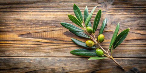 Obraz premium Olive branch with a wooden background and a few leaves, symbolizing peace and harmony in a natural setting , wood, peaceful