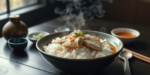 Aromatic Steaming Bowl of Chicken and Rice, Garnished with Fresh Herbs, Served with Condiments