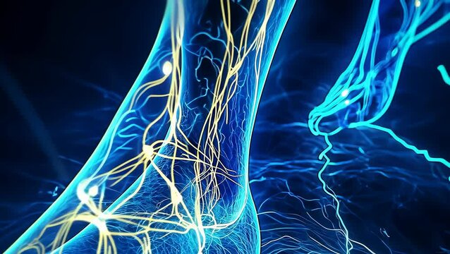 A glowing electric blue foot moves confidently forward, symbolizing vitality and energy. The dynamic scene captures a sense of life and movement, infused with futuristic imagery.