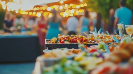 Fototapeta premium Vibrant Outdoor Summer Feast with Delicious Food and Warm Lighting, Perfect for Celebrations, Gatherings, and Social Events in a Scenic Venue