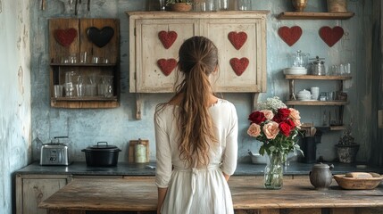 Woman with long hair in a white dress stands in a rustic kitchen with wooden cabinets, shelves, and red hearts.  A vase of roses sits on the counter.