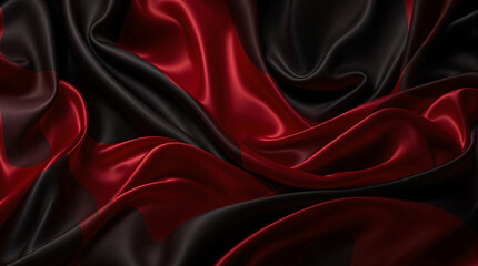 Obraz premium Red and black silk satin background. Beautiful soft wavy folds on smooth, shiny fabric. Anniversary, wedding, Valentine's day, event, celebration concept. Luxury red background with copy space