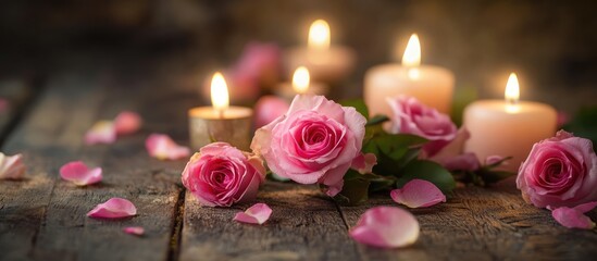 Romantic ambiance with pink roses and soft glowing candles on a rustic wooden surface creating a serene atmosphere for special moments