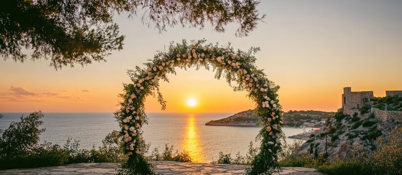 Romantic floral wedding arch under a tree overlooking the sunset bay with a historic fort in the background ideal for dreamy ceremonies