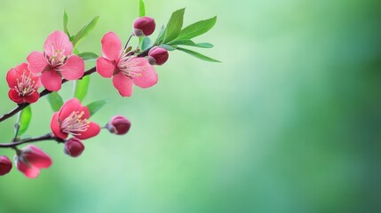 Obraz premium Rosehip flowers blooming on branch with green background showcasing vibrant pink blossoms and lush foliage in springtime setting