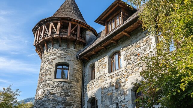 Tall stone castle turret with wooden roof featuring machicolations and arrow slit windows under clear blue sky.