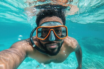 Naklejka premium Man Swimming Underwater with Snorkeling Gear in Clear Ocean Water