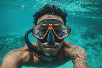 Naklejka premium Man Diving Underwater in Clear Blue Ocean Wearing Snorkel Gear