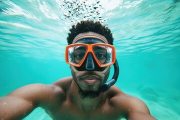 Fototapeta premium Man Enjoys Snorkeling Adventure Underwater with Bright Blue Water