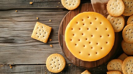 Assorted round cookies and cheese displayed on a rustic wooden table from a top view perspective