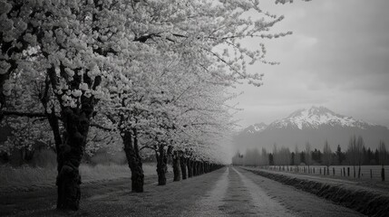 Obraz premium Cherry blossom trees lining a rural road with snow-capped mountains in the background on a cloudy spring day in late April.