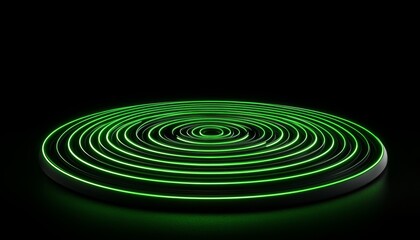 A vibrant green circular pattern illuminated against a black background, creating a mesmerizing visual effect with concentric rings.