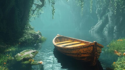 Obraz premium Serene Row Boat Floatig on Calm Waters Surrounded by Lush Greenery and Misty Atmosphere in Enchanted Forest Setting