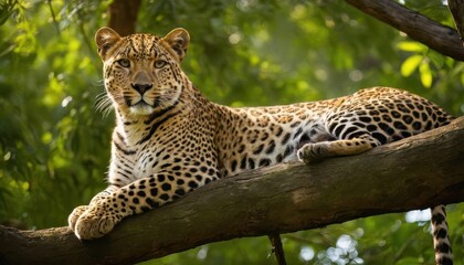 A majestic leopard lounges on a tree branch, surrounded by vibrant greenery, capturing the essence of tranquility and wilderness