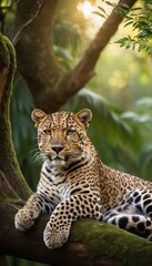 Fototapeta premium A majestic leopard lounges on a tree branch, surrounded by vibrant greenery, capturing the essence of tranquility and wilderness