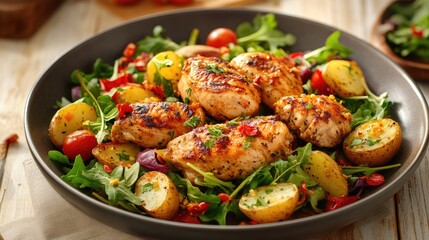 Fototapeta premium Roasted chicken with baby potatoes mixed with fresh salad and cherry tomatoes on a rustic wooden table