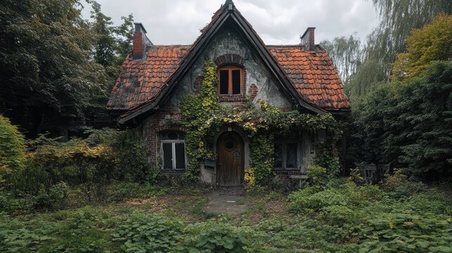 Abandoned Rott House facade overgrown with ivy surrounded by dense greenery under a cloudy sky showcasing historic architecture