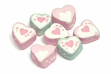 Obraz premium Colorful heart-shaped marshmallows in pink, white, and green with playful designs for festive celebrations and special occasions