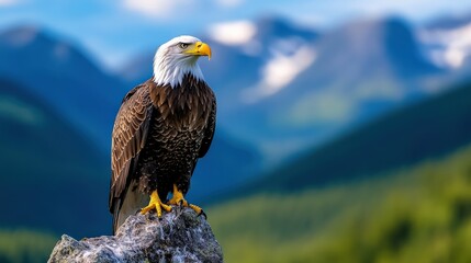 A majestic eagle perched on a rock, overlooking a stunning mountainous landscape under a clear blue sky.