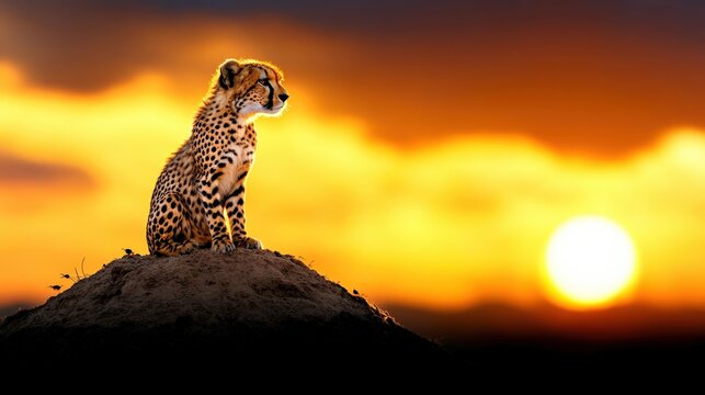 A majestic cheetah gazes at the sunset, embodying the beauty and grace of nature in a stunning landscape.