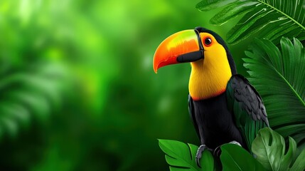 Fototapeta premium A vibrant toucan perched among lush green leaves, showcasing its bright beak and colorful feathers in a tropical setting.