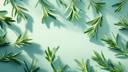 Naklejka premium Fresh rosemary leaves arranged artistically on a soft green background showcasing natural beauty and culinary versatility.