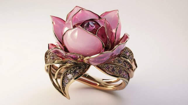 Elegant pink roseship flower in a stunning jewelry design surrounded by intricate golden leaves and sparkling accents on a soft background.