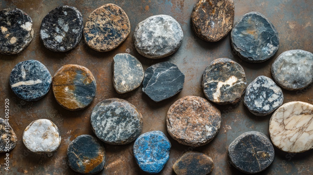 Canvas Prints arrangement of assorted round stones on a textured surface highlighting natural patterns and colors 