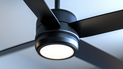 Obraz premium Close-up view of a modern ceiling fan with sleek design and illuminated light fixture rotating in a contemporary indoor setting.