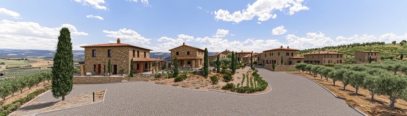 Obraz premium A picturesque Tuscan villa complex with stone buildings and scenic landscapes.