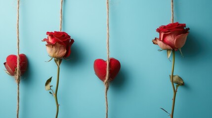Roses and hearts entwined with twine on a blue background creating a romantic and whimsical decorative arrangement