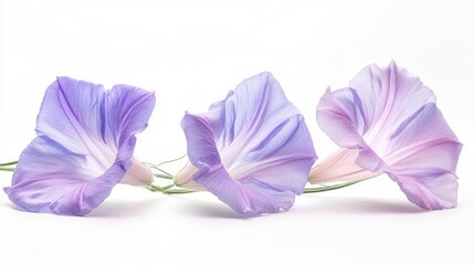 Fototapeta premium Delicate lavender morning glory flowers showcasing intricate petal patterns and soft hues on a white background. Ideal for nature-themed designs.