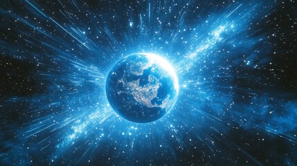 Blue Cosmic Explosion Surrounding Earth in a Vibrant Display of Light and Energy Illustrating the Vastness of the Universe