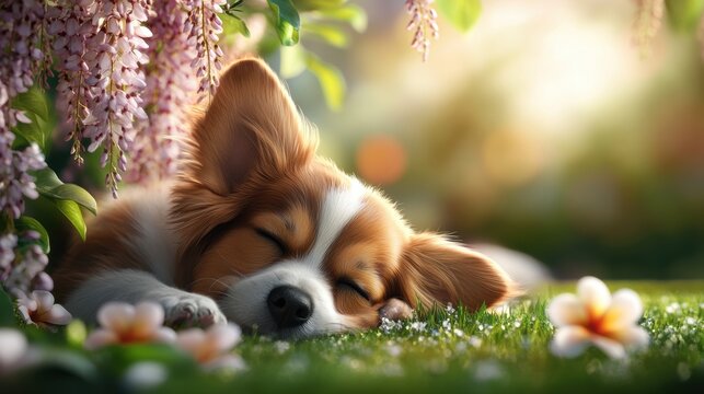 springtime puppy with flowers, a dozing puppy relaxing beneath a blossoming wisteria tree, enveloped by the gentle hues of spring foliage and blossoms