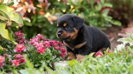 Rottweiler puppy exploring a vibrant garden among colorful flowers with a curious expression and full body view