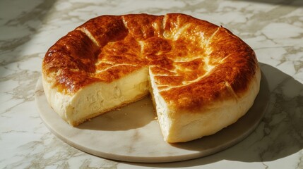 Round cheese pie with a golden crust displaying a fresh incision on a marble surface for a food menu presentation.