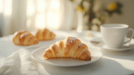 Elegant breakfast scene featuring a fresh croissant on a plate with a cup of coffee and soft natural light in a cozy environment