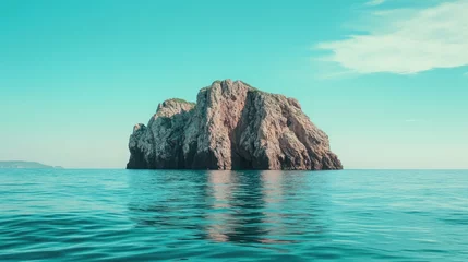 Fototapete Vast serene ocean landscape featuring a solitary rocky island against a clear blue sky on a tranquil summer day © NFTNexus