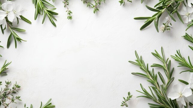 Fresh rosemary sprigs and delicate flowers arranged on a light textured background showcasing natural beauty and culinary herbs.